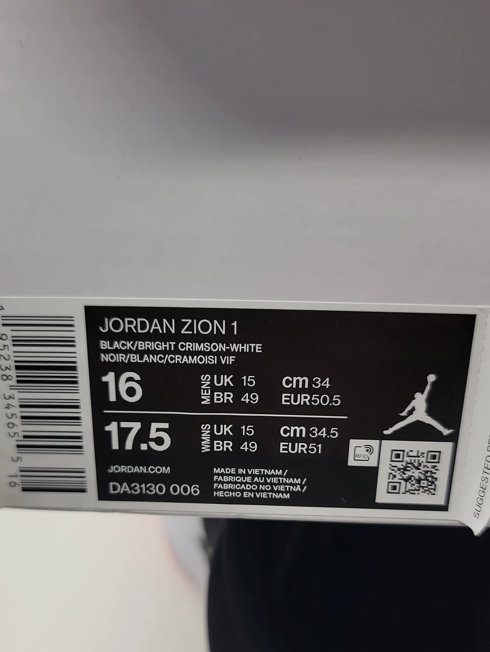 Jordan Zion 1 Black Bright Crimson White Men's Size 16